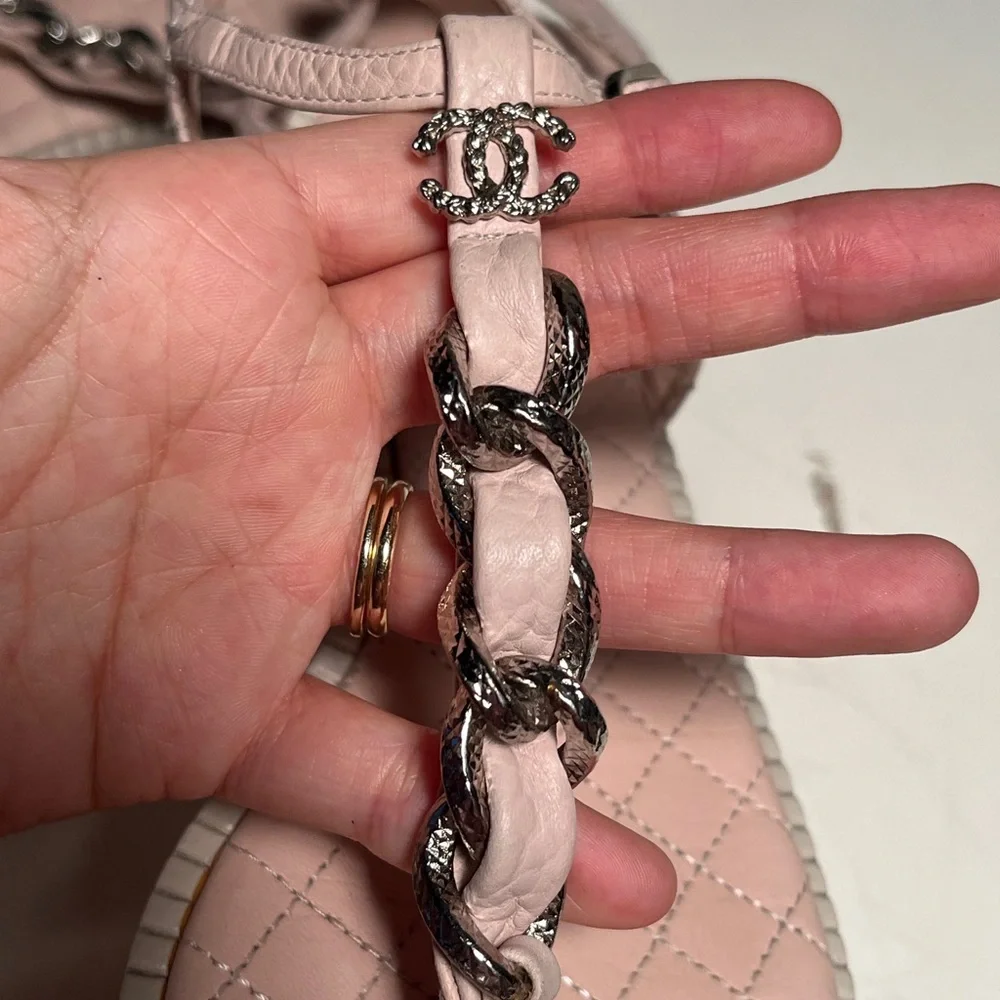 CHANEL Light Pink Quilted Sandals with Silver Accents